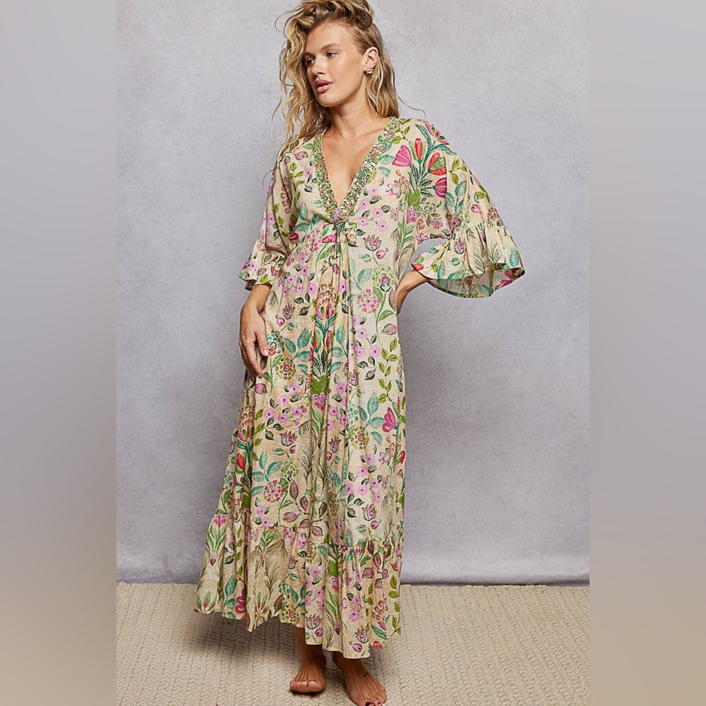 POL V-Neck Beaded Floral Bohemian Maxi Dress With Pockets - Picture 3 of 11